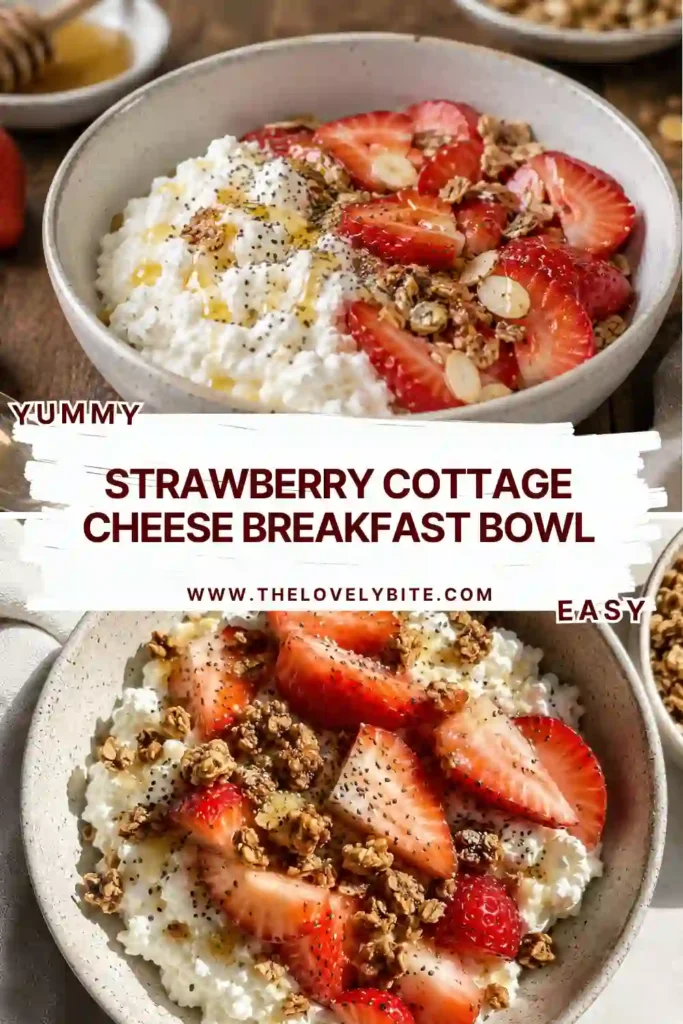 Healthy Strawberry Cottage Cheese Breakfast Bowl featuring roasted berries and crunchy coconut flakes. A nutritious breakfast packed with protein and natural sweetness.
