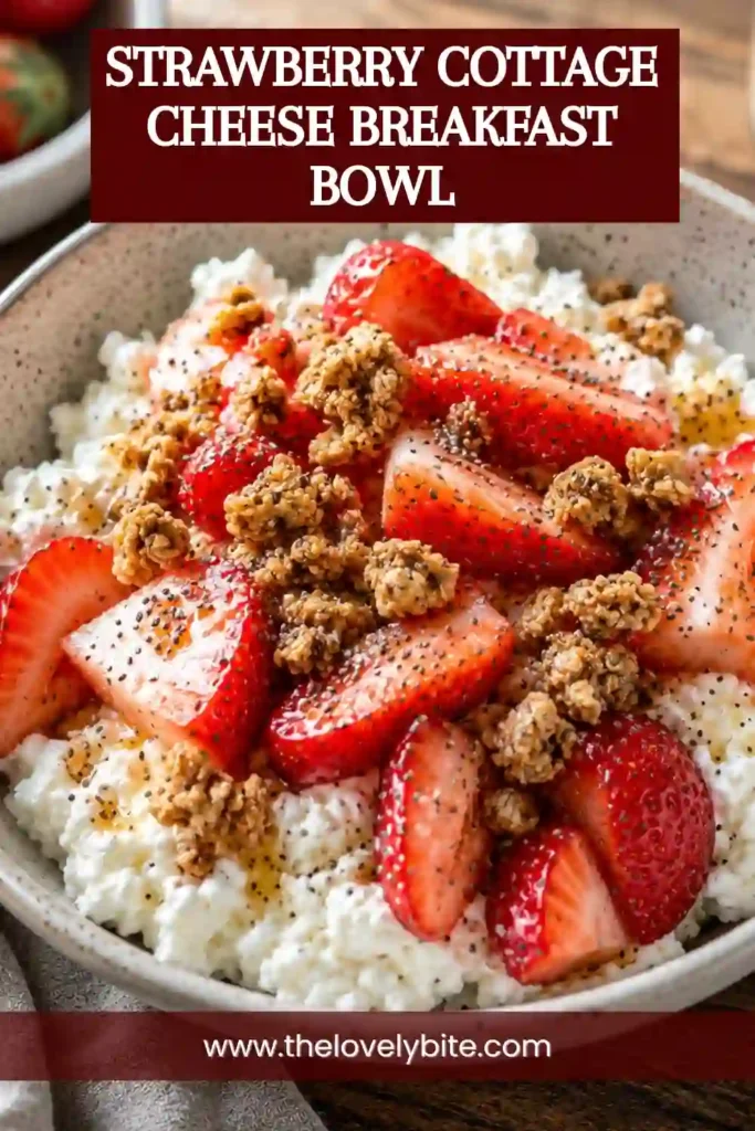 Close-up of a cottage cheese breakfast bowl topped with roasted strawberries and oats. This easy breakfast recipe is rich in protein and flavor.