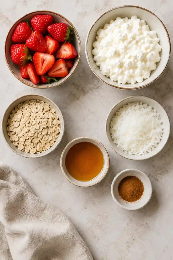A Strawberry Cottage Cheese Breakfast Bowl topped with roasted strawberries, oats, and coconut flakes. This healthy breakfast bowl offers a creamy texture and high protein nutrition.