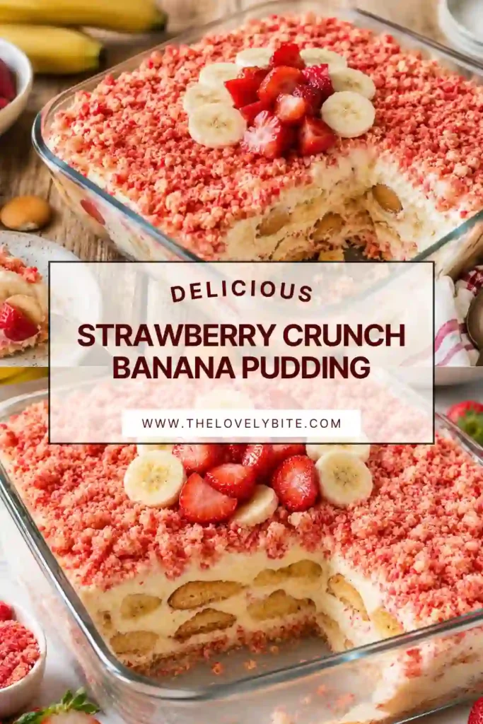 Close-up of homemade Strawberry Crunch Banana Pudding showing rich custard, juicy strawberries, banana slices, and buttery crunchy topping in a baking dish.