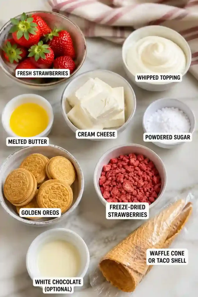A single-serving Strawberry Crunch Cheesecake Taco displayed with strawberry slices and cookie crumble topping. The dessert showcases layers of texture and flavor.