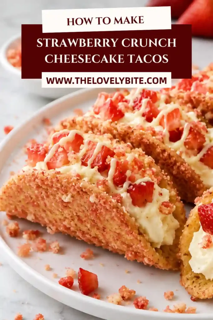 A close-up view of Strawberry Crunch Cheesecake Tacos filled with creamy cheesecake and topped with strawberry cookie crumbs. Fresh strawberry slices add color and freshness to this easy dessert.