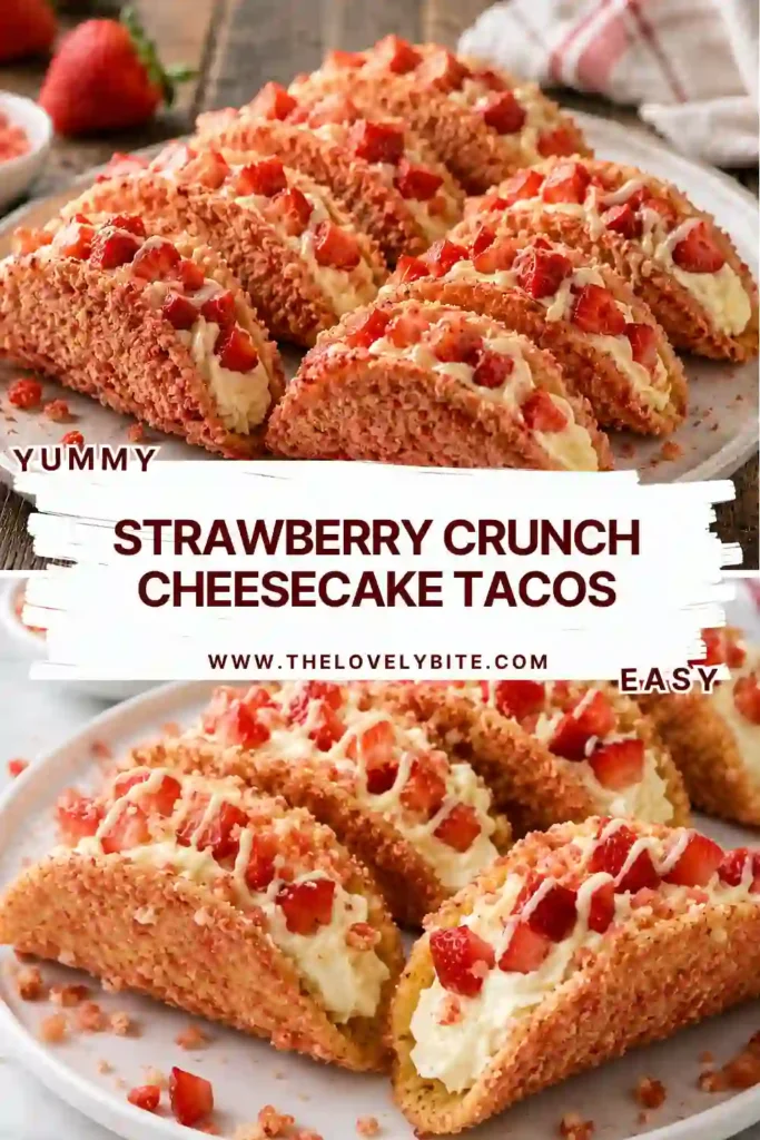 Golden taco shells filled with cheesecake cream and coated in strawberry crunch topping. This no-bake dessert offers a beautiful presentation and rich flavor.