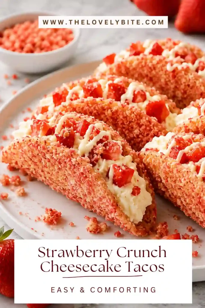Individual Strawberry Crunch Cheesecake Tacos garnished with fresh strawberries and white chocolate drizzle. The crispy shell contrasts beautifully with the smooth filling.