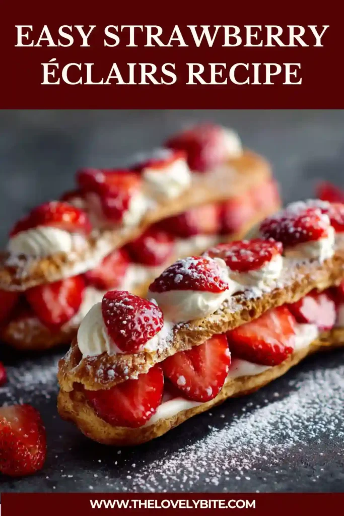 Fresh homemade Strawberry Éclairs topped with strawberry glaze and filled with whipped cream and sliced strawberries. The golden choux pastry creates a beautiful French-inspired dessert.