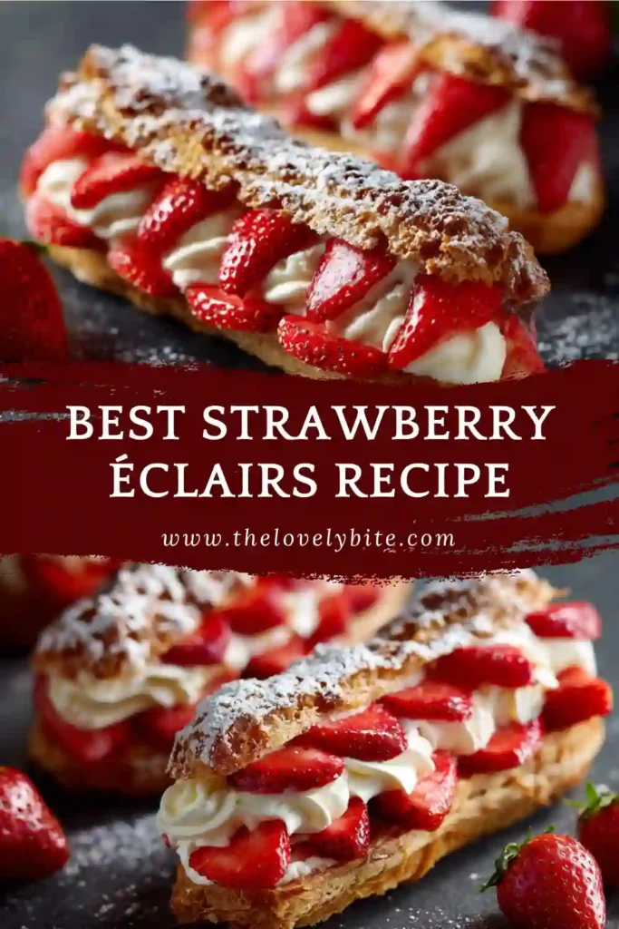 A tray of strawberry cream éclairs featuring crisp pastry shells, fluffy whipped cream filling, and fresh strawberry slices. Finished with a vibrant strawberry icing.