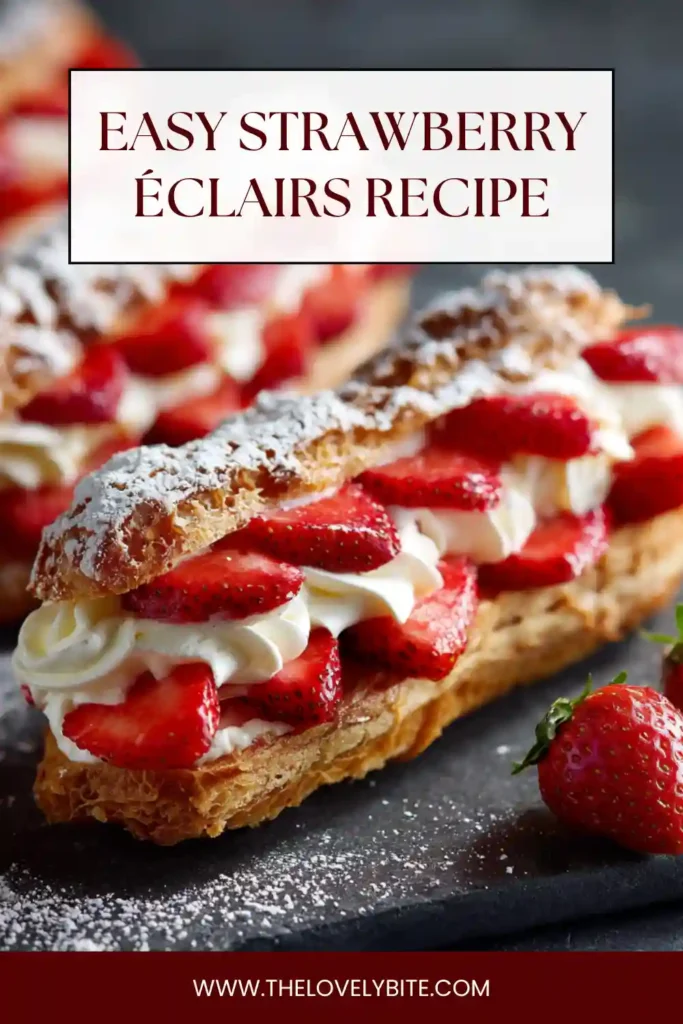 Elegant Strawberry Éclairs Recipe made with homemade choux pastry, whipped cream, and juicy strawberries. A bakery-style dessert perfect for special occasions.