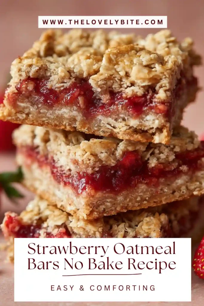 Close-up of homemade Strawberry Oatmeal Bars made with rolled oats, almond butter, and fresh strawberry filling. A simple no-bake dessert perfect for snacking.