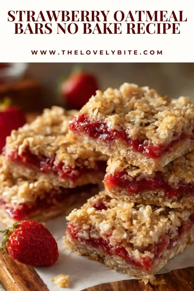 Healthy Strawberry Oatmeal Bars sliced into squares and stacked on a serving plate. The vibrant strawberry layer contrasts beautifully with the oat crumble topping.