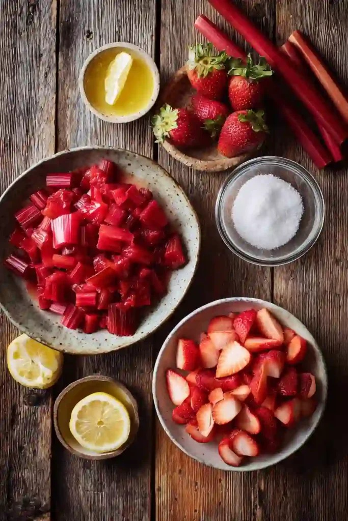 Close-up view of homemade Strawberry Rhubarb Jam in a mason jar with fresh strawberries and rhubarb nearby. A colorful fruit preserve made for canning and everyday enjoyment.