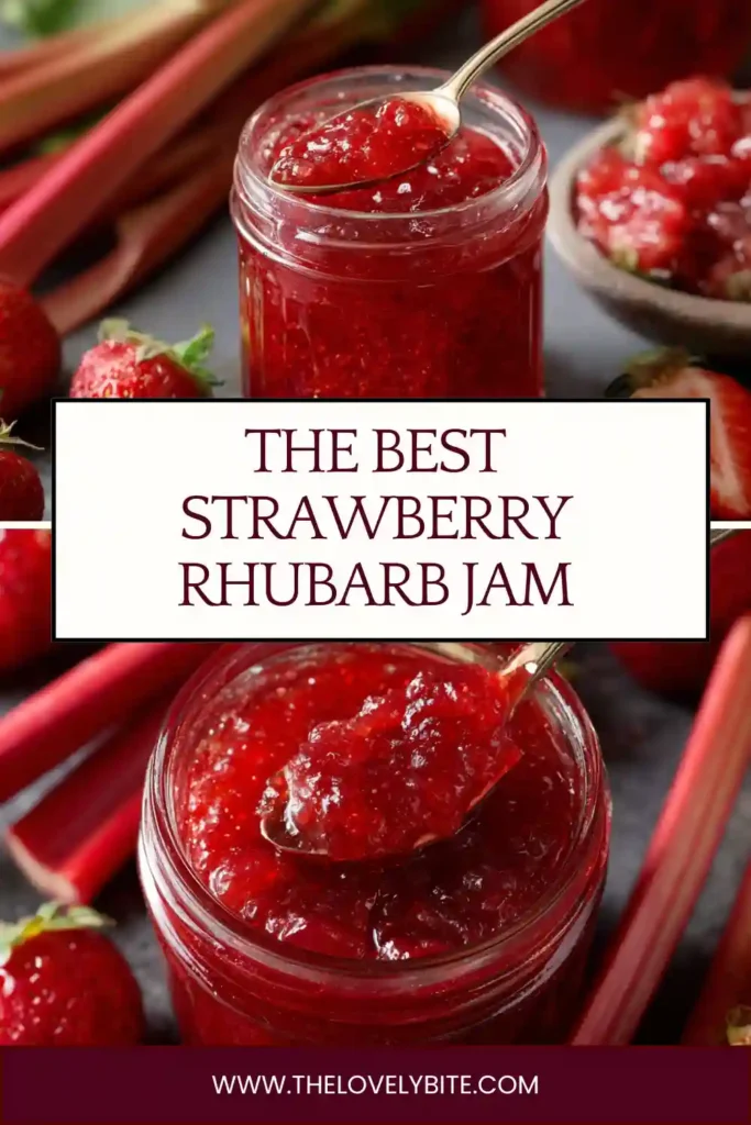A spoonful of Strawberry Rhubarb Jam spread over warm toast. The homemade fruit preserve features a perfect balance of sweetness and tartness.
