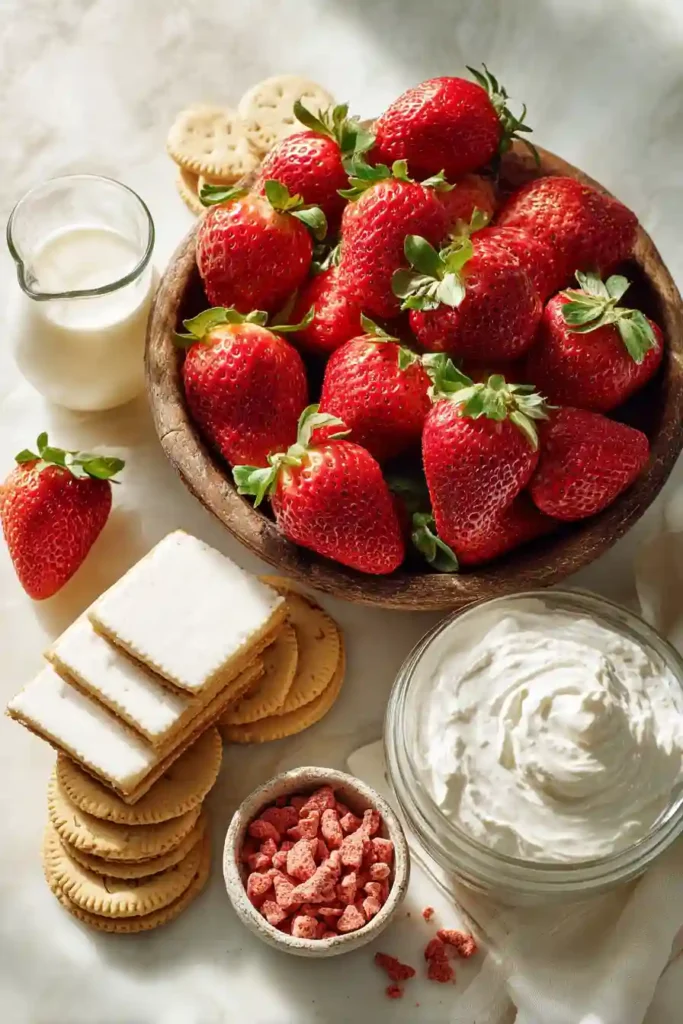 Homemade Strawberry Shortcake Dessert Cups filled with fresh strawberries, cheesecake pudding, and strawberry cookie crumble.