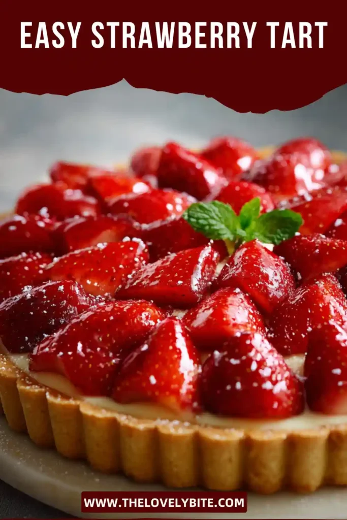 Fresh Strawberry Tart topped with glossy strawberries arranged over creamy vanilla custard inside a golden buttery pastry shell. A classic summer dessert perfect for entertaining.
