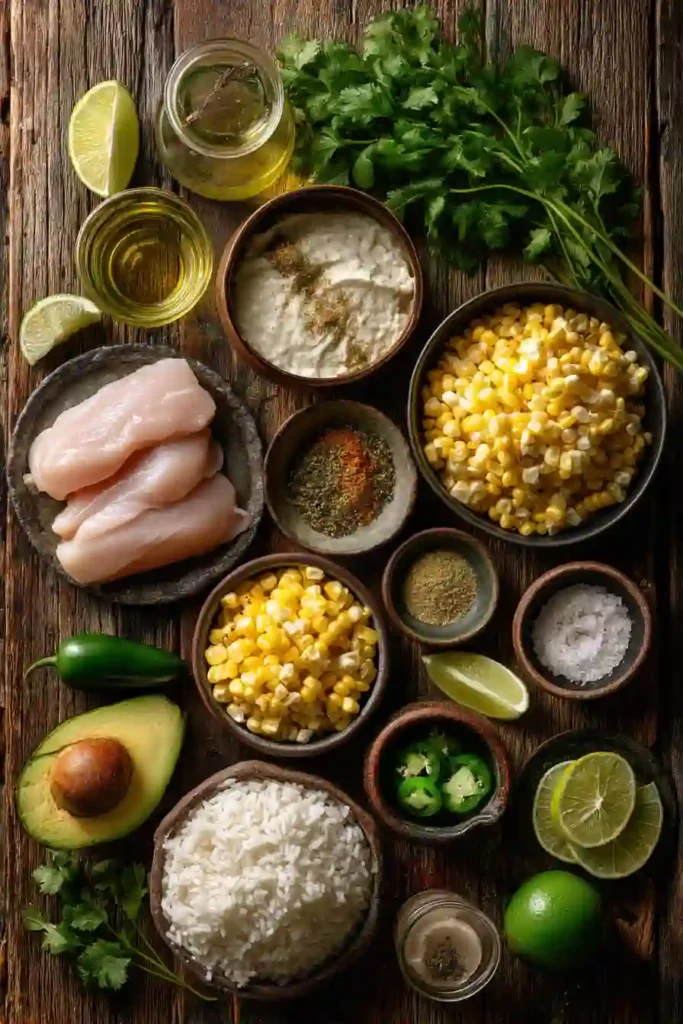A bowl of Street Corn Chicken Rice Bowls topped with juicy seasoned chicken, creamy street corn, avocado, cotija cheese, and fresh cilantro. This colorful Mexican-inspired rice bowl is perfect for an easy dinner.