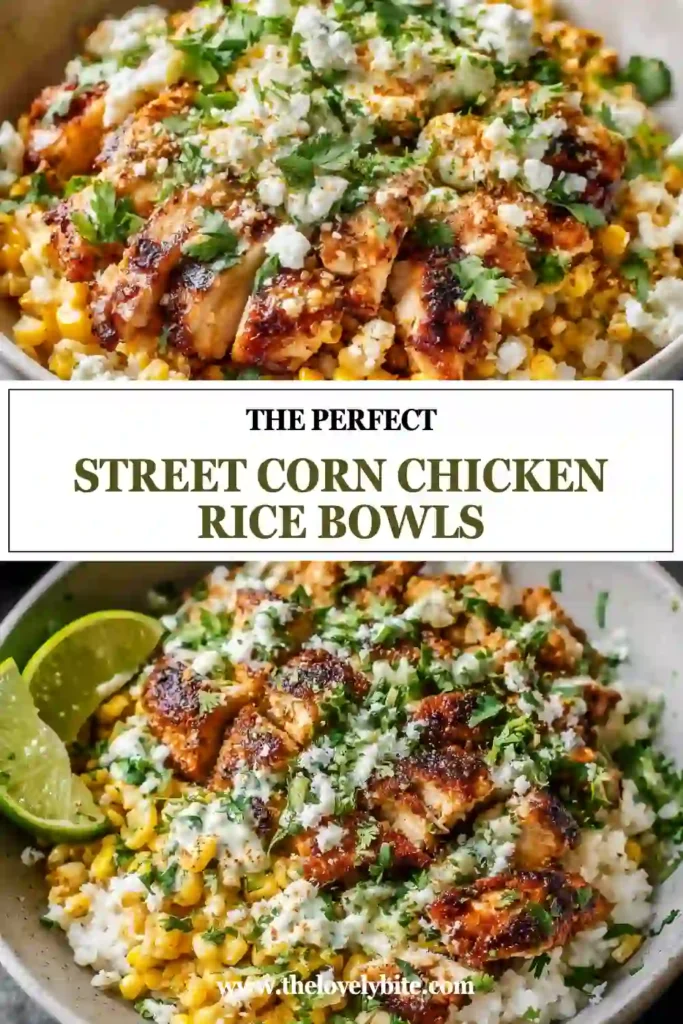 Freshly prepared Street Corn Chicken Rice Bowls served with avocado, cilantro, and lime wedges. The bowl features seasoned chicken and creamy street corn over fluffy rice.