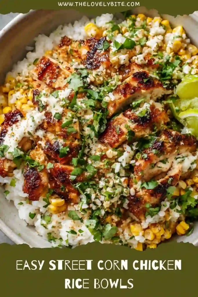 Homemade Street Corn Chicken Rice Bowls filled with seasoned chicken, charred corn, rice, avocado, and cotija cheese. A colorful and hearty family dinner recipe.