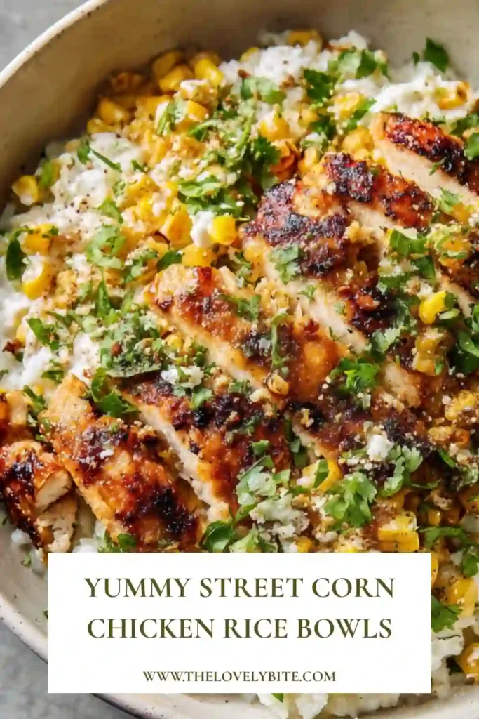 Mexican-inspired Street Corn Chicken Rice Bowls topped with avocado, cilantro, lime, and creamy corn. This high-protein meal is colorful, fresh, and satisfying.