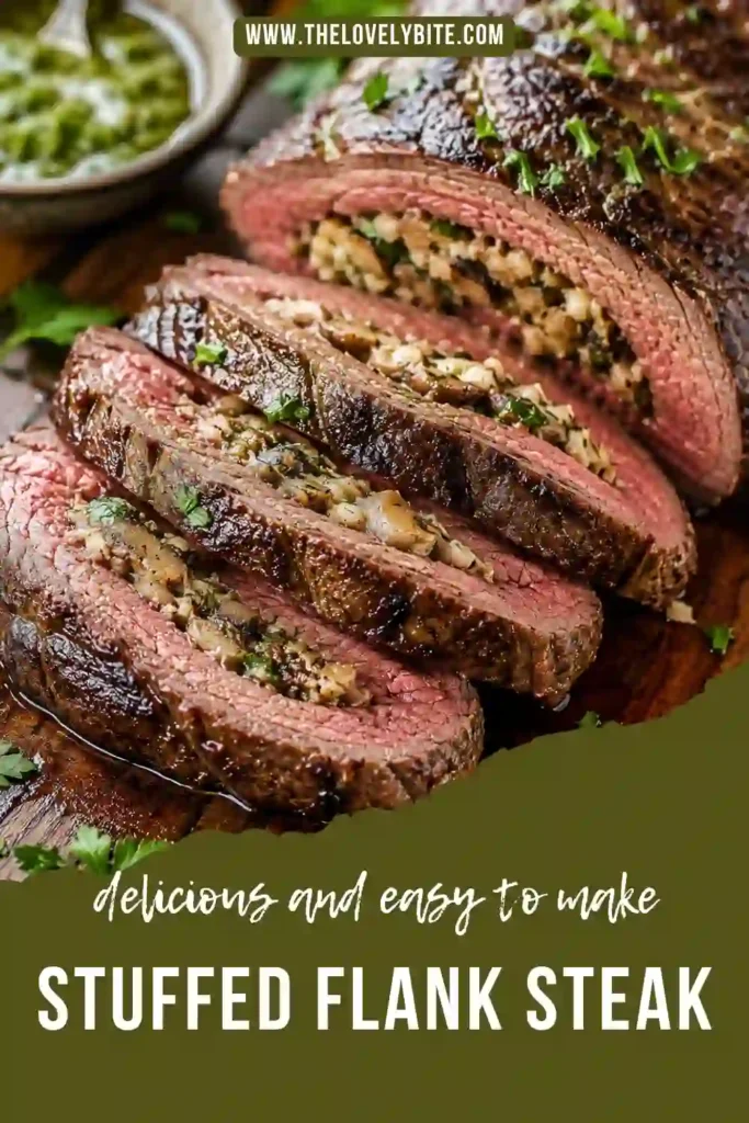 Rolled flank steak stuffed with mushrooms, garlic, parsley, and feta cheese before baking until tender. A hearty and elegant beef main course.