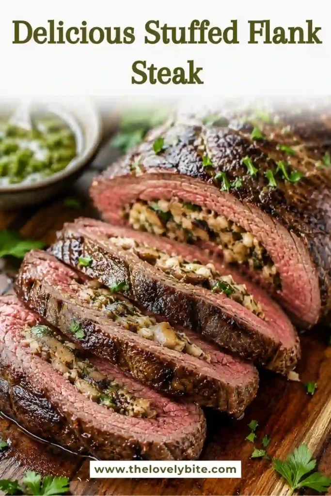 Thick slices of Stuffed Flank Steak served warm with a flavorful mushroom filling and melted feta cheese. Perfect for holiday meals and entertaining.