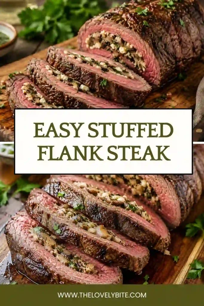 Oven-baked Stuffed Flank Steak featuring seasoned beef wrapped around mushrooms, herbs, and creamy feta cheese for a delicious dinner centerpiece.