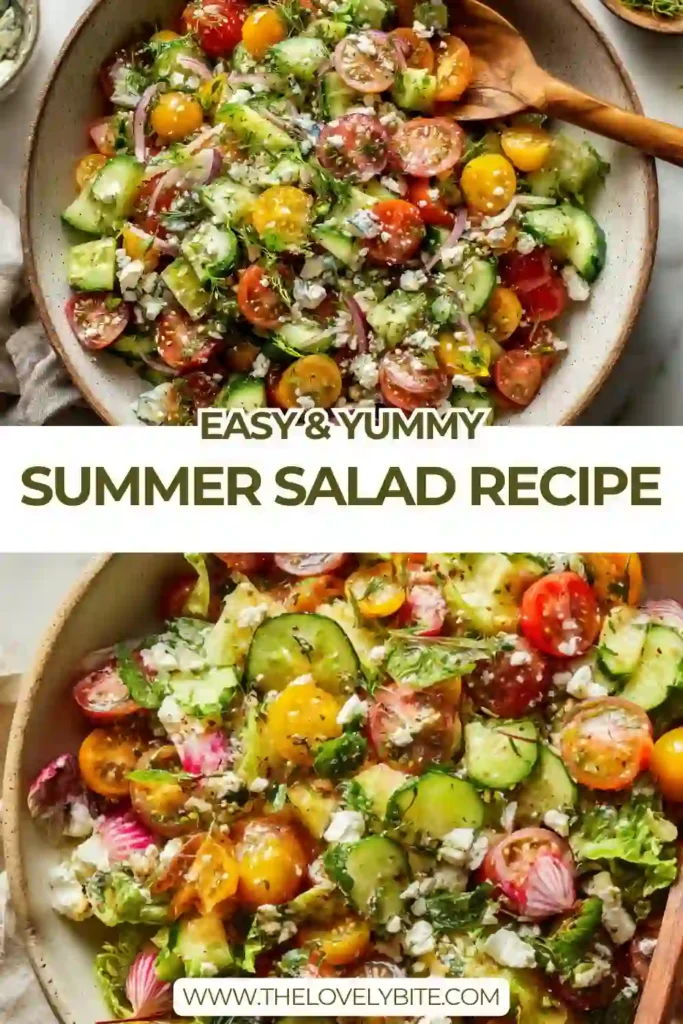 Fresh summer salad served in a large bowl with tomatoes, cucumber, snap peas, corn, and creamy goat cheese. A vibrant vegetarian side dish with a homemade vinaigrette.