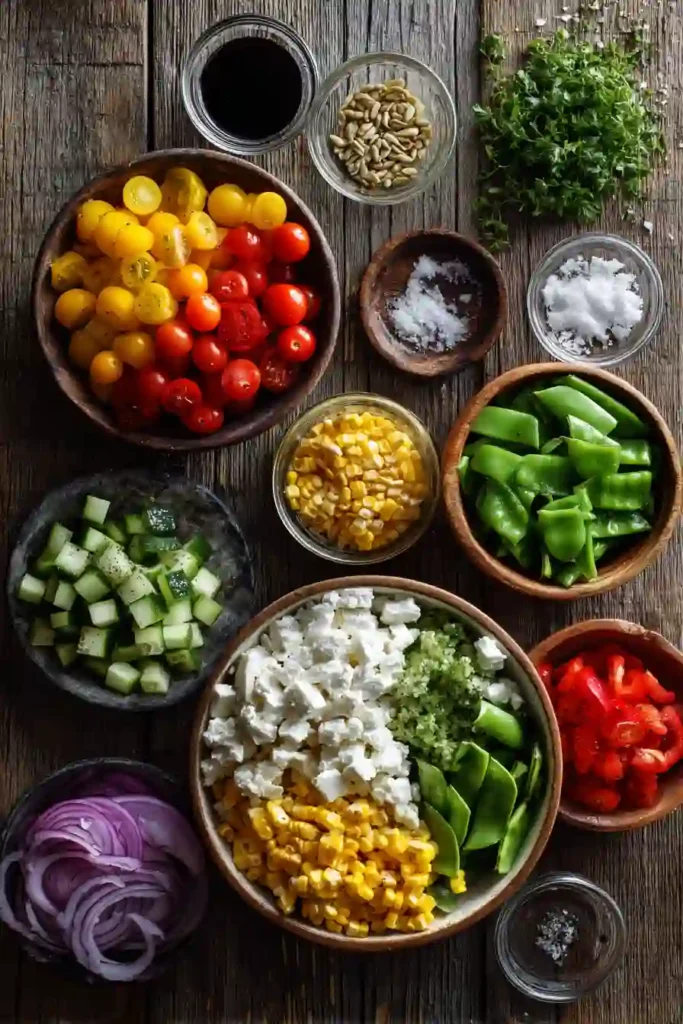 A colorful Summer Salad Recipe made with cherry tomatoes, cucumber, corn, bell peppers, goat cheese, and fresh herbs. This healthy vegetable salad is bright, fresh, and perfect for warm-weather meals.