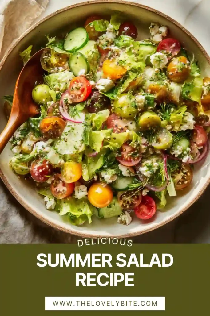 Healthy summer vegetable salad filled with colorful seasonal produce, fresh herbs, and creamy goat cheese. Light, flavorful, and ideal for family gatherings.