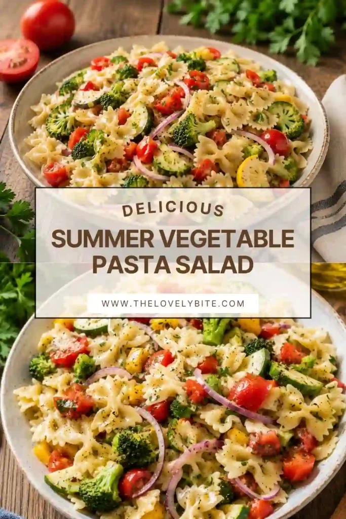 A colorful bowl of Summer Vegetable Pasta Salad made with bowtie pasta, zucchini, yellow squash, broccoli, tomatoes, roasted red peppers, and fresh parsley tossed in a homemade vinaigrette. This vibrant vegetarian dish is perfect for picnics and summer meals.