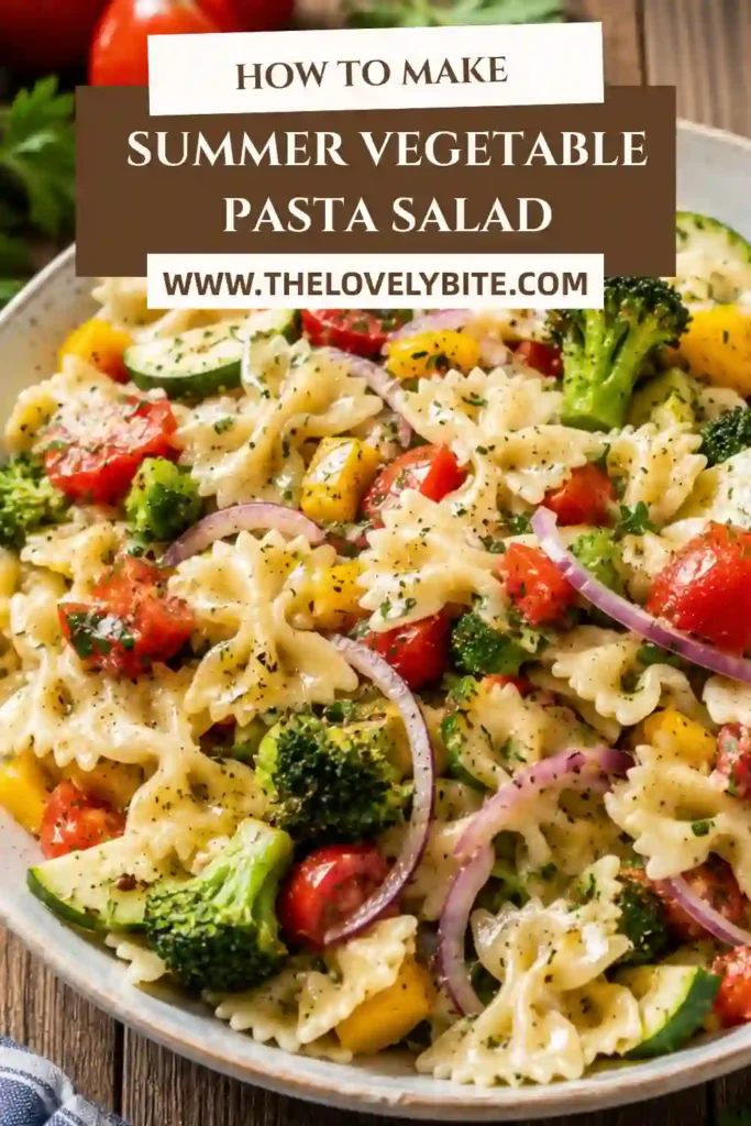 Fresh Summer Vegetable Pasta Salad featuring bowtie pasta, crisp vegetables, and a tangy olive oil vinaigrette. This healthy cold pasta salad makes an easy summer side dish.