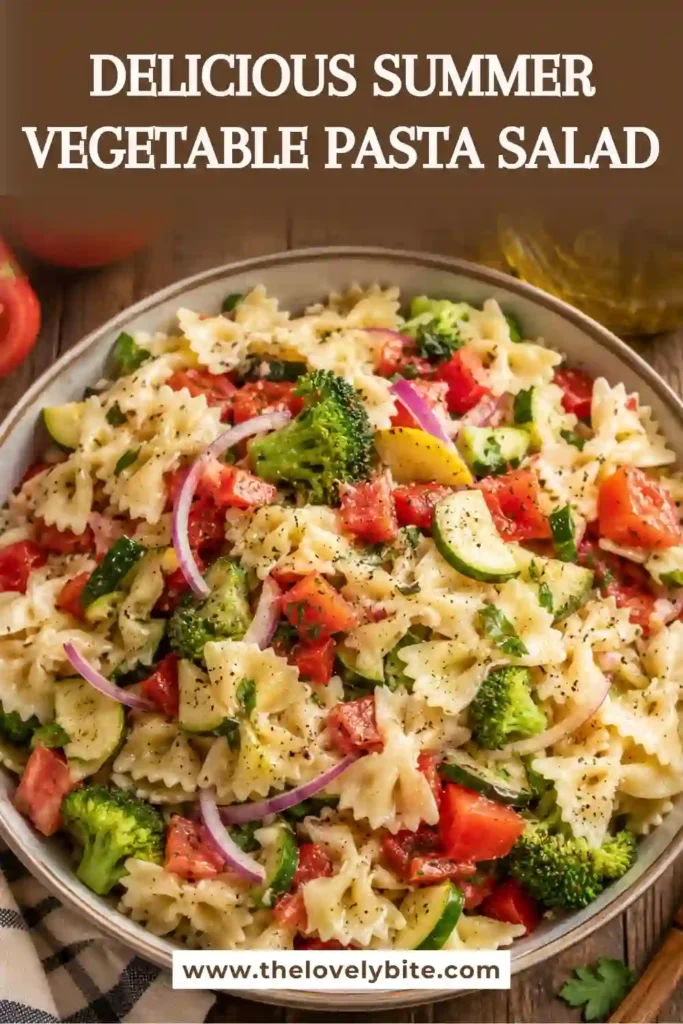Healthy vegetable pasta salad filled with broccoli, zucchini, squash, tomatoes, roasted red peppers, and parsley mixed with bowtie pasta and homemade dressing. Perfect for meal prep or potlucks.