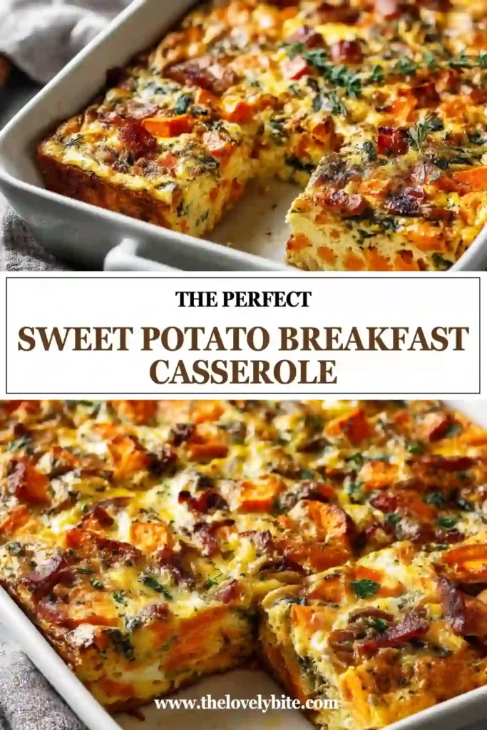 Golden Sweet Potato Breakfast Casserole topped with creamy avocado slices. This protein-packed breakfast bake features eggs, vegetables, and tender sweet potatoes.