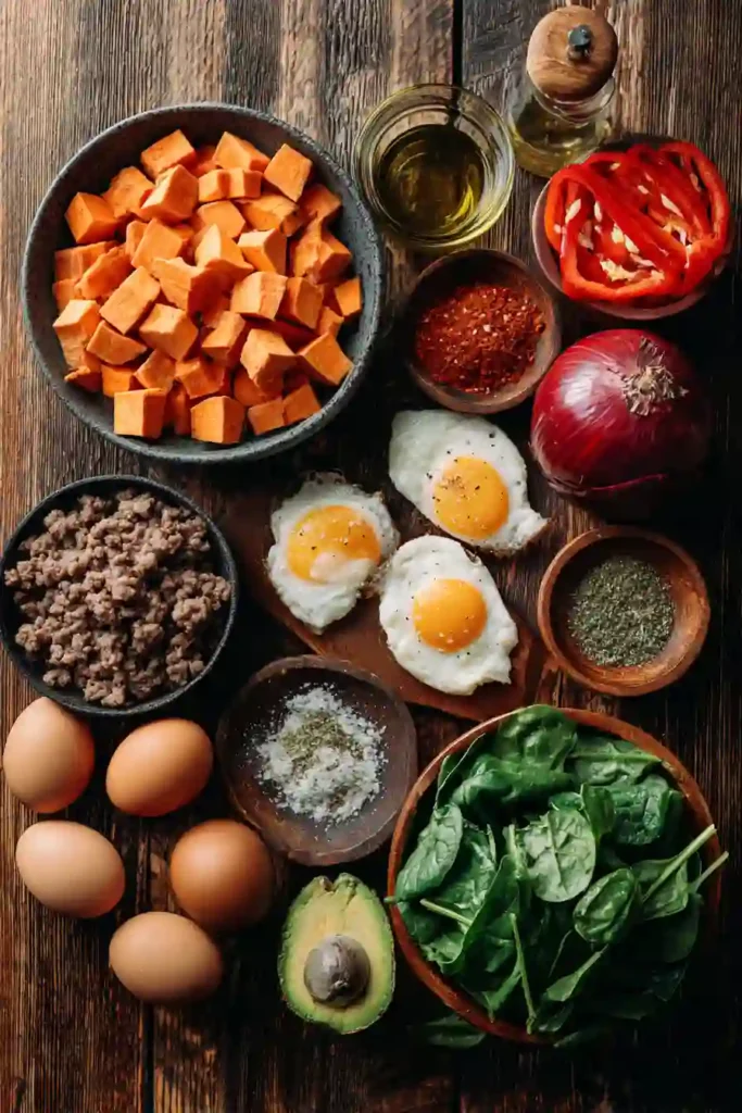 Freshly baked Sweet Potato Breakfast Casserole made with eggs, spinach, bell peppers, and seasoned lamb. The casserole is sliced and ready to serve for a healthy breakfast.