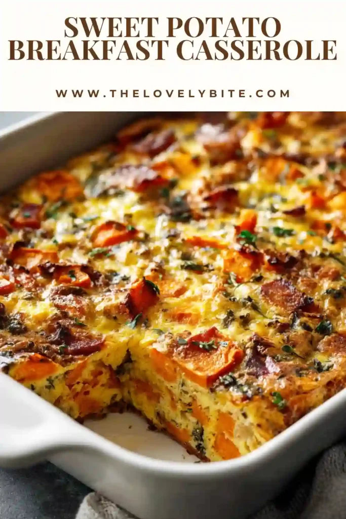 Close-up of Sweet Potato Breakfast Casserole served warm with avocado. This easy breakfast bake is colorful, nutritious, and family-friendly.