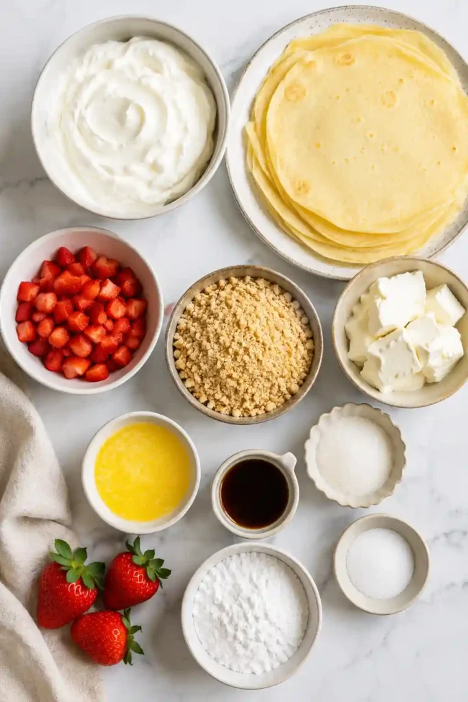 Sweet Strawberry Shortcake Cheesecake Rolls sliced into bite-sized pieces and dusted with powdered sugar. Fresh strawberries and creamy cheesecake filling are visible in every layer.