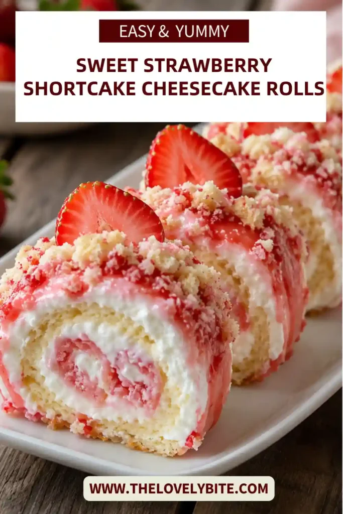 Beautiful strawberry shortcake cheesecake rolls topped with powdered sugar and fresh strawberry garnish. A creamy and refreshing summer dessert.