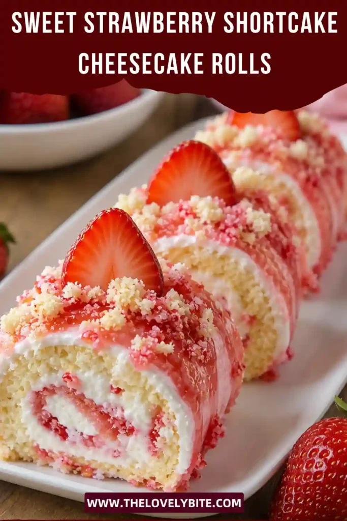 Close-up of Sweet Strawberry Shortcake Cheesecake Rolls showing layers of strawberries, cheesecake filling, and crunchy shortcake crumbs wrapped in delicate crepes.