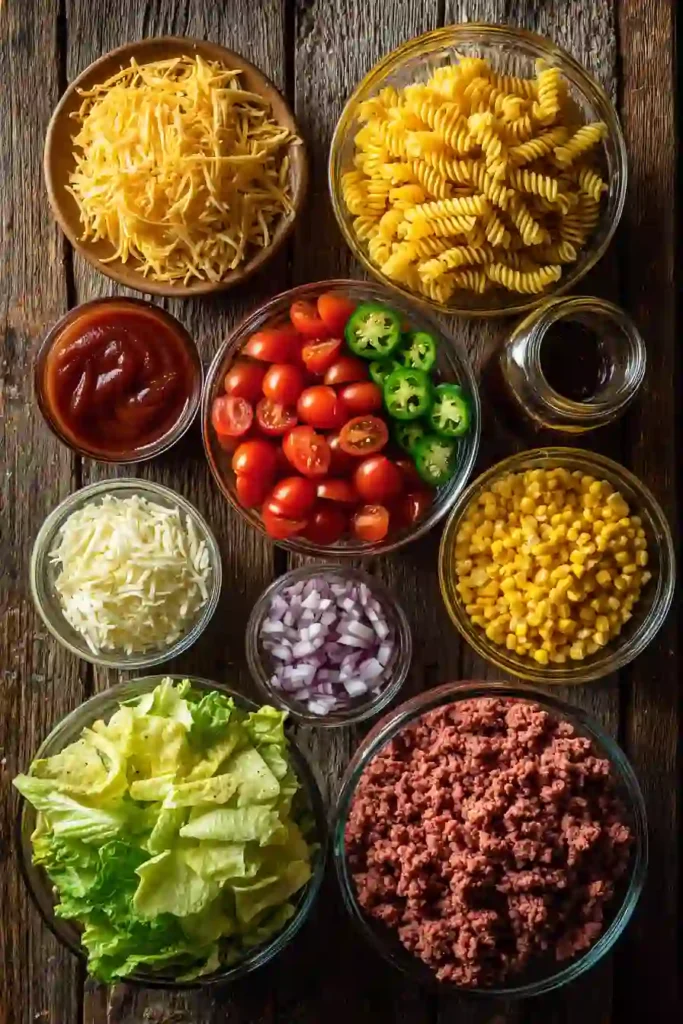 A bowl of Taco Pasta Salad filled with rotini pasta, seasoned ground beef, cheddar cheese, corn, tomatoes, and crunchy Doritos. This colorful Tex-Mex pasta salad is perfect for parties and potlucks.
