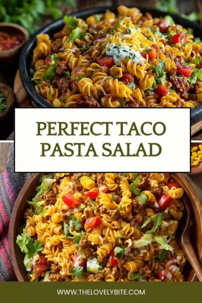 Close-up view of Taco Pasta Salad featuring rotini pasta, taco-seasoned beef, sweet corn, tomatoes, and cheese. This easy family-friendly dish is packed with bold flavors and crunchy textures.