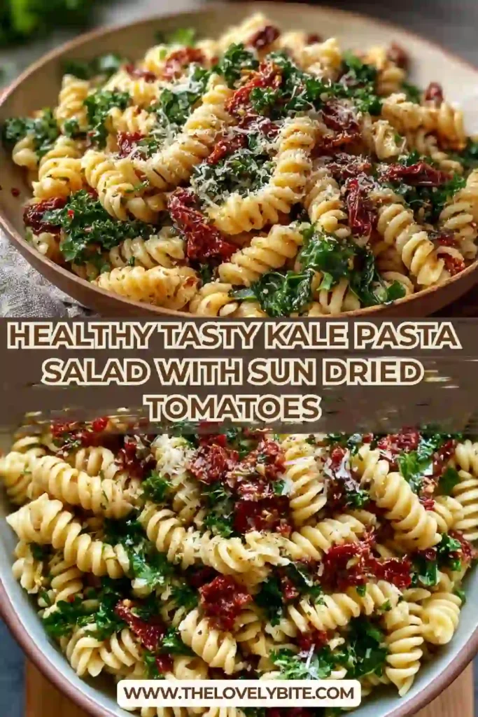Healthy kale pasta salad tossed with sun dried tomatoes, parmesan cheese, feta, and homemade basil dressing. A vibrant vegetarian dish perfect for lunch or dinner.
