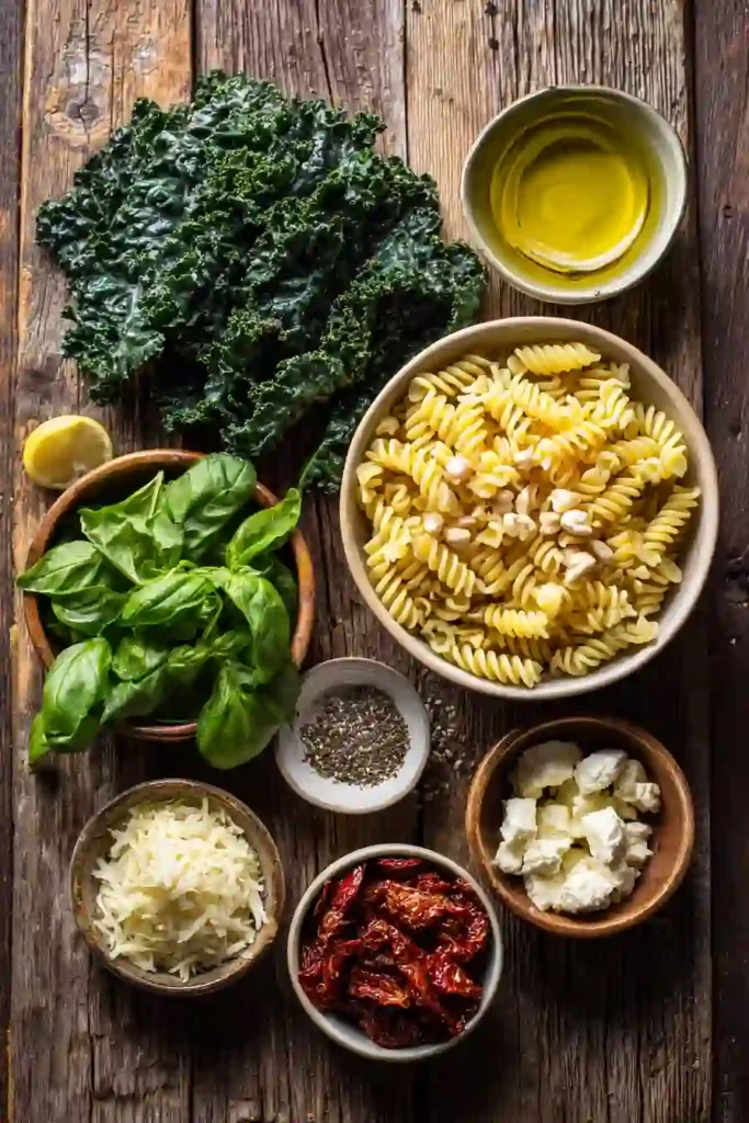 Tasty Kale Pasta Salad with Sun Dried Tomatoes garnished with parmesan, feta, and toasted pine nuts. A colorful and satisfying vegetarian pasta salad recipe.