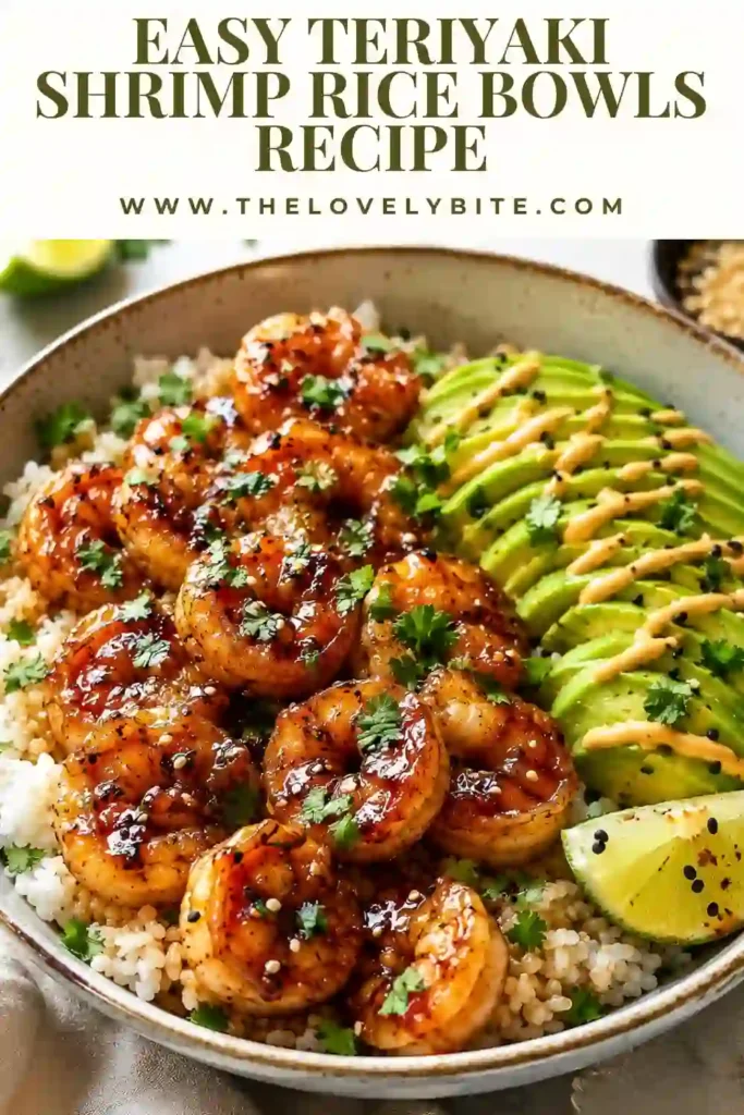Close-up of homemade Teriyaki Shrimp Rice Bowls with glazed shrimp and fluffy rice. Bright avocado slices and fresh herbs add color and texture to this easy meal.