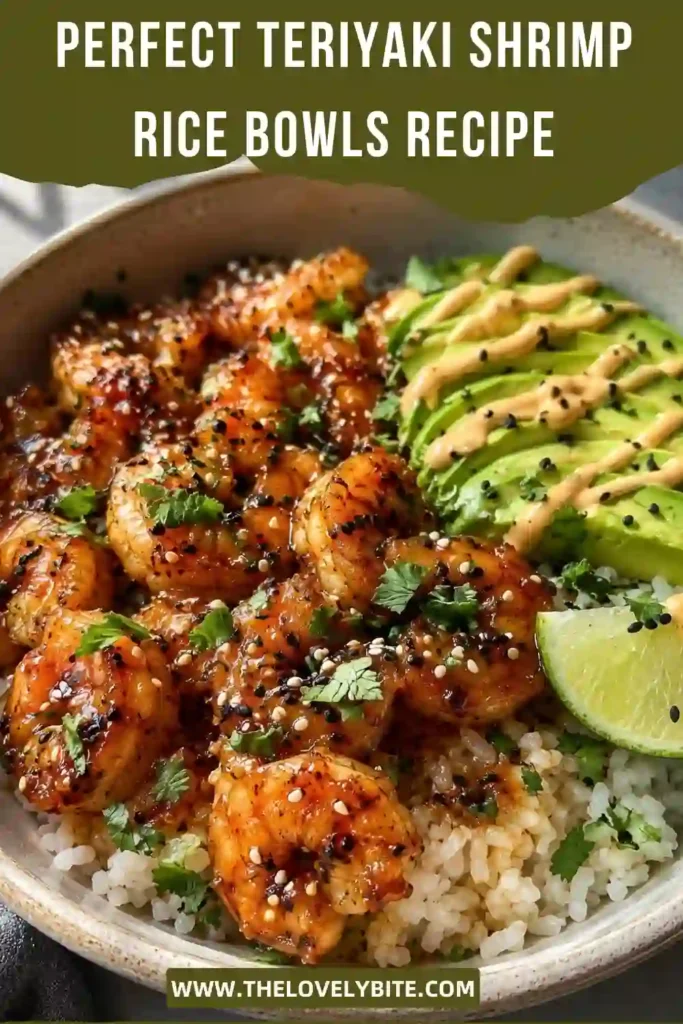 Healthy Teriyaki Shrimp Rice Bowls served with avocado, cilantro, and lime wedges. This shrimp rice bowl recipe is packed with fresh ingredients and bold flavor.