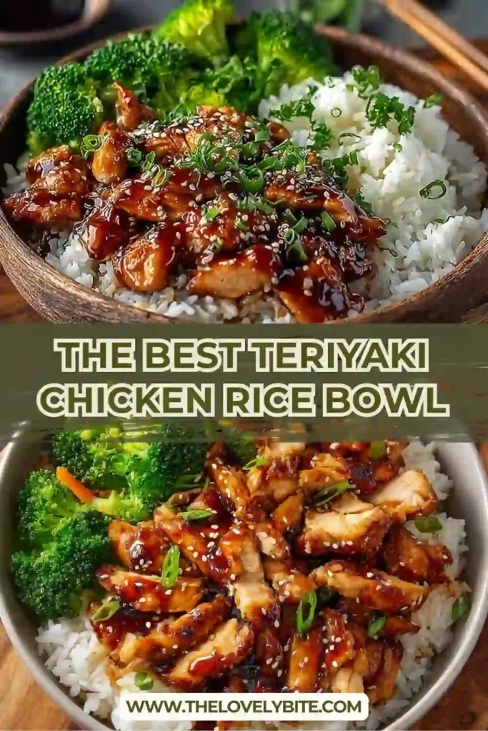 A bowl of teriyaki chicken served over steamed rice with vegetables and sesame seeds. The homemade teriyaki sauce gives the chicken a glossy, flavorful finish.