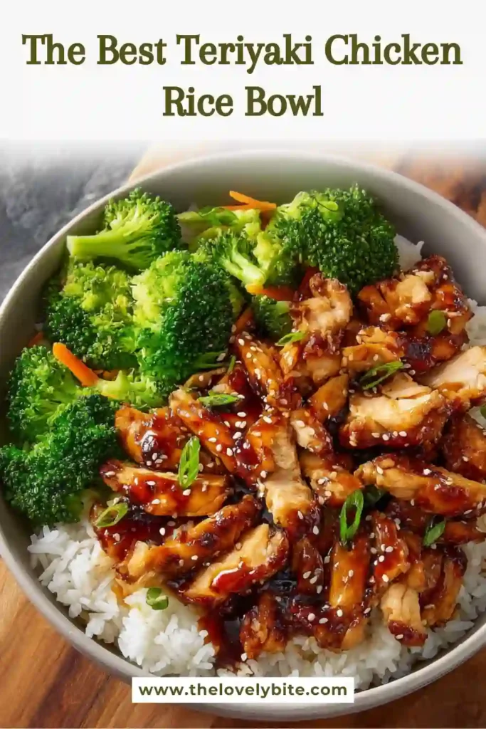 Juicy teriyaki chicken pieces coated in a sweet and savory sauce served with fluffy rice and green onions. This easy chicken rice bowl is perfect for weeknight dinners.