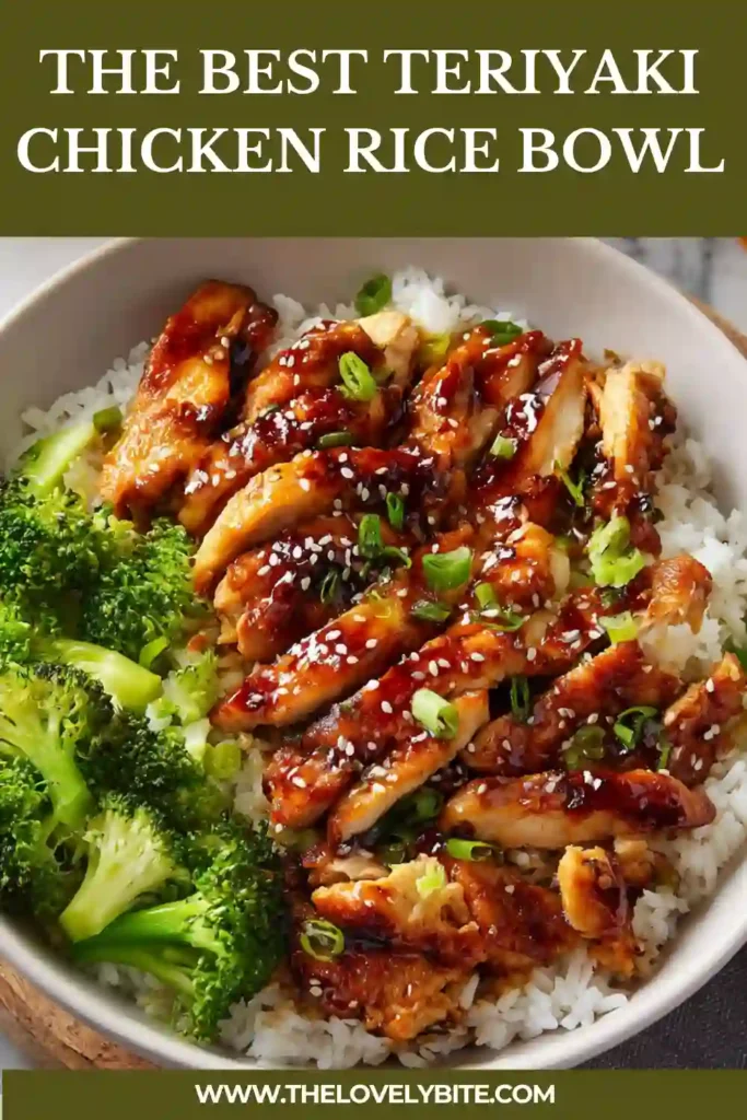 Homemade teriyaki chicken rice bowl topped with sesame seeds and served alongside steamed vegetables. A quick and satisfying family-friendly meal.