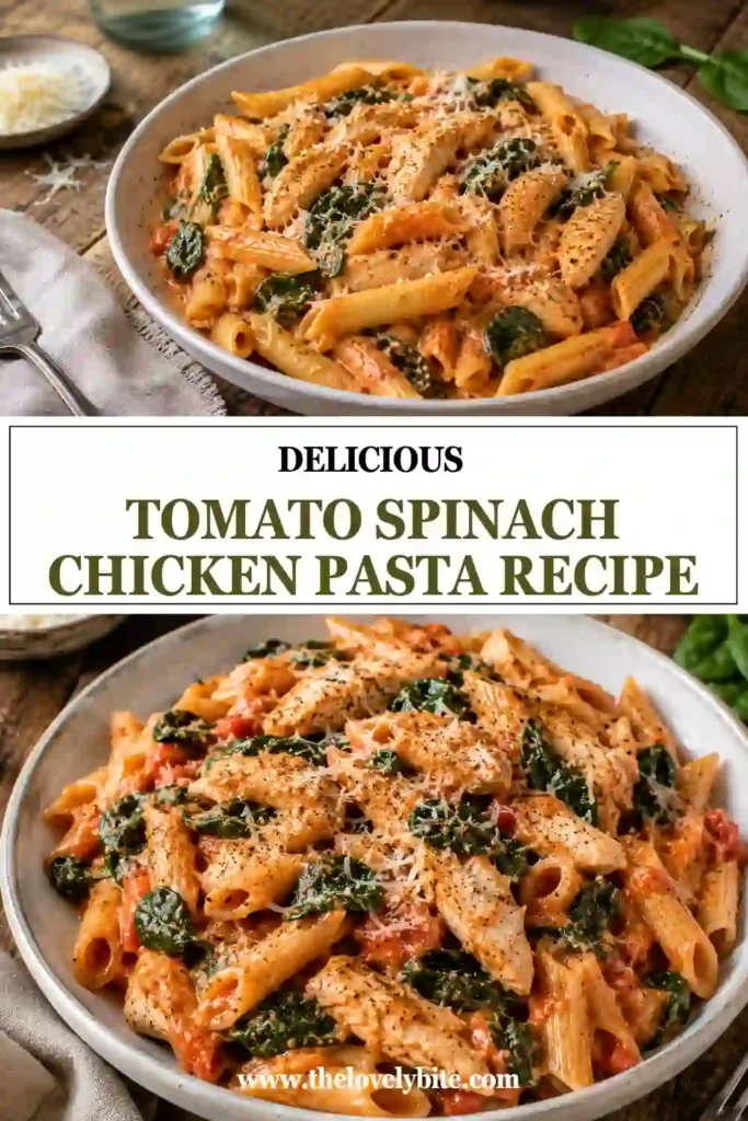 A bowl of Tomato Spinach Chicken Pasta topped with freshly grated Parmesan cheese. Tender chicken, creamy tomato sauce, and fresh spinach are mixed with perfectly cooked pasta.