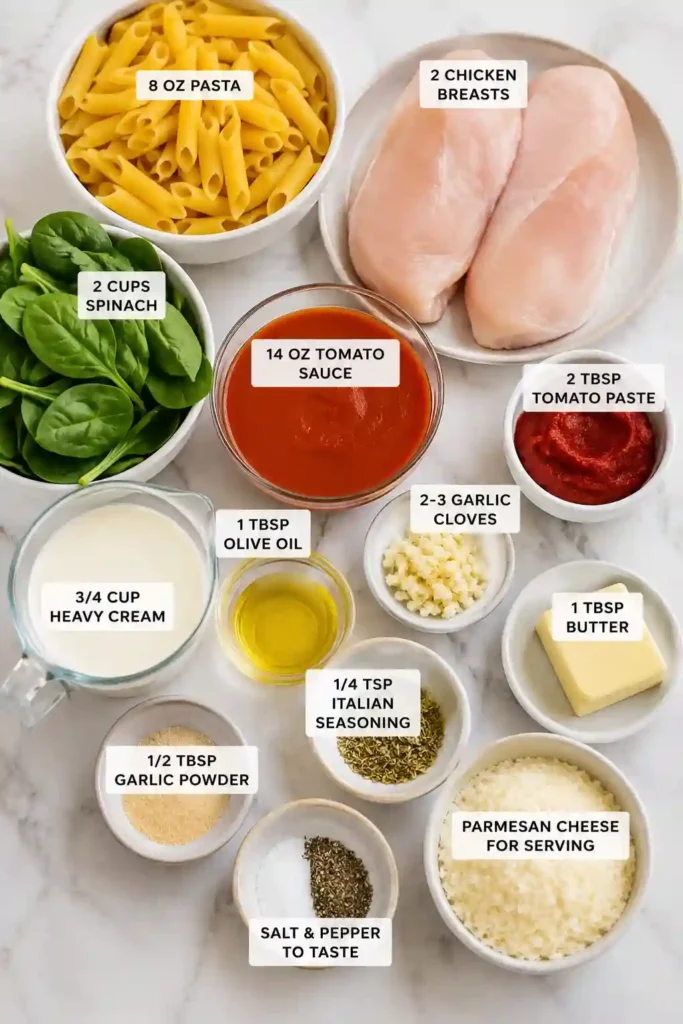 Easy Tomato Spinach Chicken Pasta garnished with Parmesan cheese and fresh herbs. A creamy chicken pasta dish perfect for weeknight dinners.