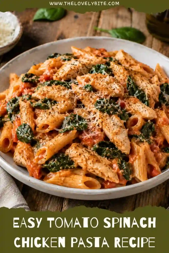 Creamy Tomato Spinach Chicken Pasta served in a white bowl with juicy chicken slices and wilted spinach. The rich tomato cream sauce coats every piece of pasta beautifully.