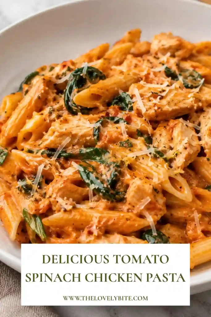 Homemade Tomato Spinach Chicken Pasta featuring fresh spinach, grilled chicken, and a silky tomato cream sauce. A comforting and flavorful family dinner recipe.