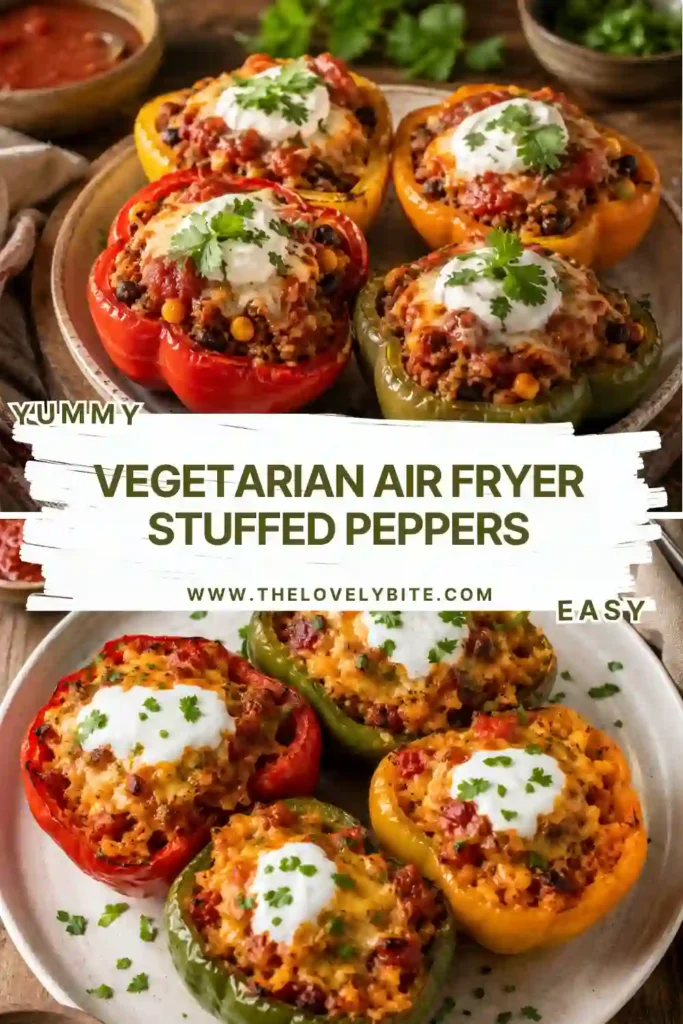 Healthy air fryer stuffed peppers packed with lentils, spinach, zucchini, tomatoes, and cheese. A delicious vegetarian meal that's easy to prepare.